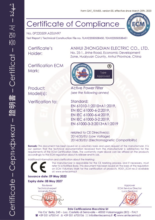 Certificado CE: filtro de potencia activa
